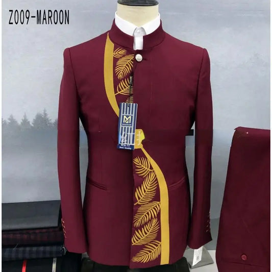 (coat+pants) Embroidered men's suit set banquet/evening/wedding/work general clothing