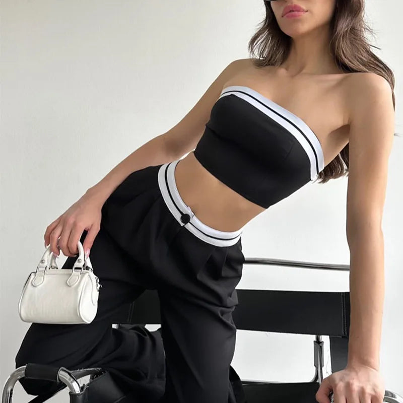 Women Two Piece Pant Sets Vest Spliced Sleeveless Strapless High Waist Long Pants Pockets Button Sporty Summer Casual