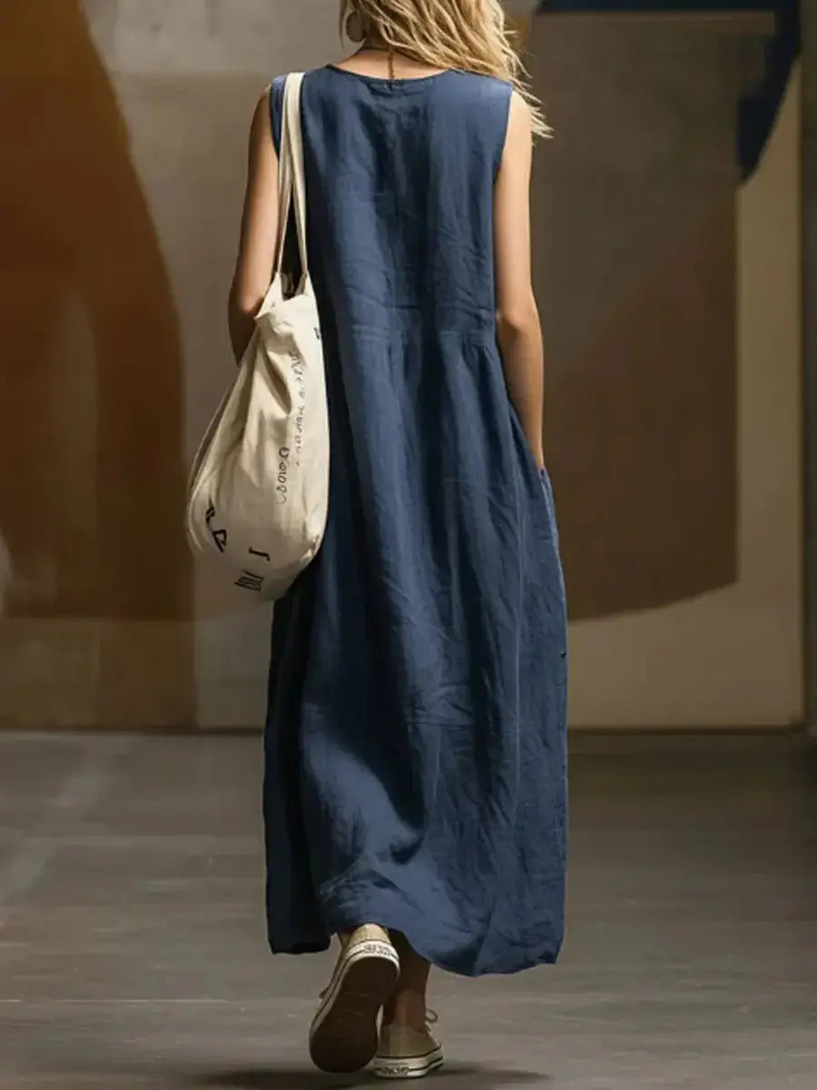 Women's Loose Sleeveless Cotton Linen Pocket Dress