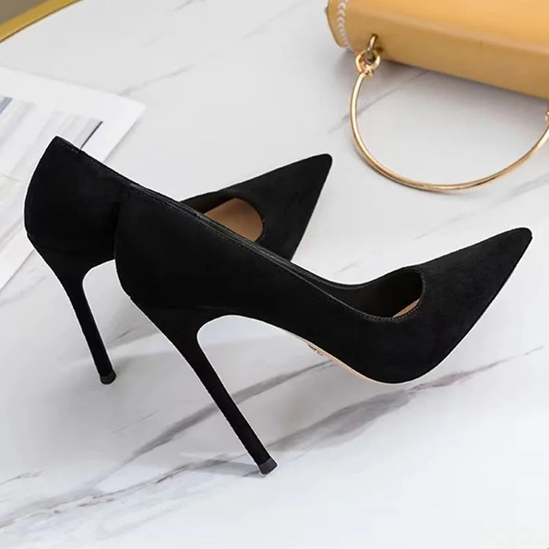Women's Black Pointed Suede High Heel Pumps