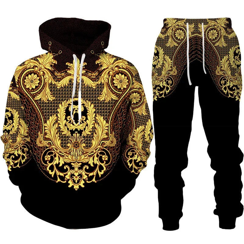 Men's Baroque Golden Flower 3D Print Hoodie and Trousers Set