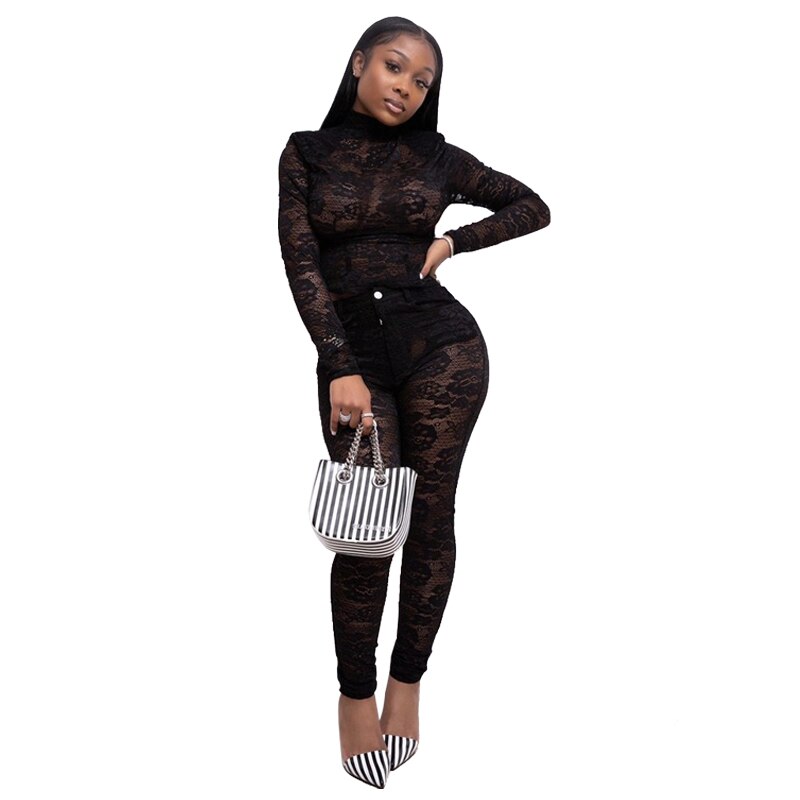 2020 New Spring Women Pants Suit 2 Piece Set Lace Sexy Night Club Tracksuits Outfits