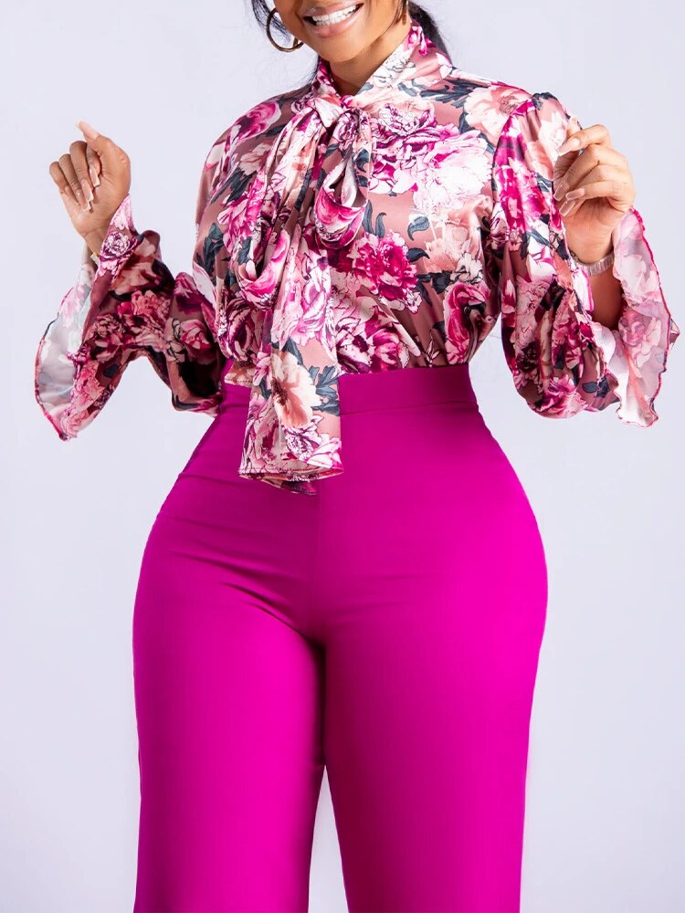 Women's Printed Blouse and High-Waist Pants Office Two-Piece