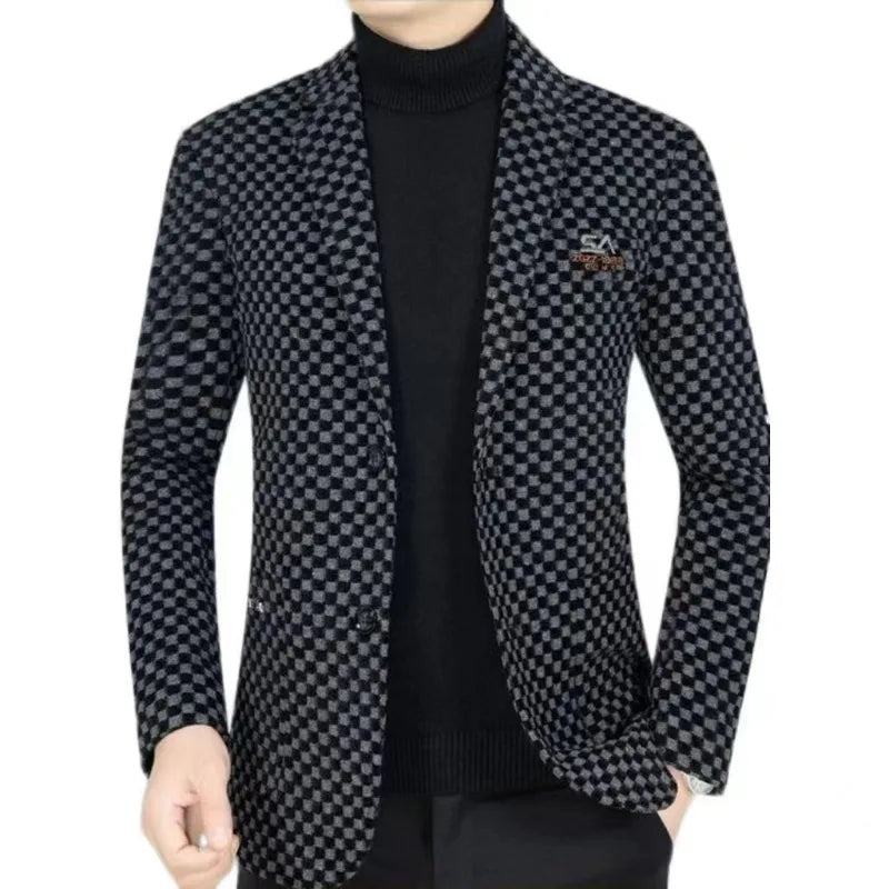 Men's Winter Velvet Woolen Thick Wedding Blazer, Business Dress Coat