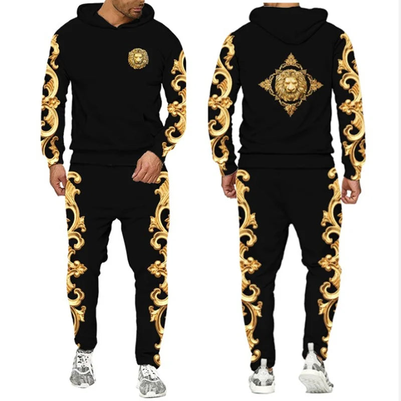 Men's Baroque Golden Flower 3D Print Hoodie and Trousers Set
