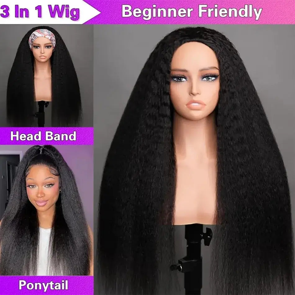 250 Density Kinky Straight Half Wigs Human Hair Flip Over Gluless 3 In 1 Half Wig With Drawstring 40 Inch Wear And Go For Women