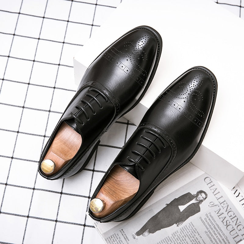Oksfordice za muškarce, smeđe i crne poslovne cipele na vezanje od PU-materijala, uredske brogue cipele, elegantne muške cipele