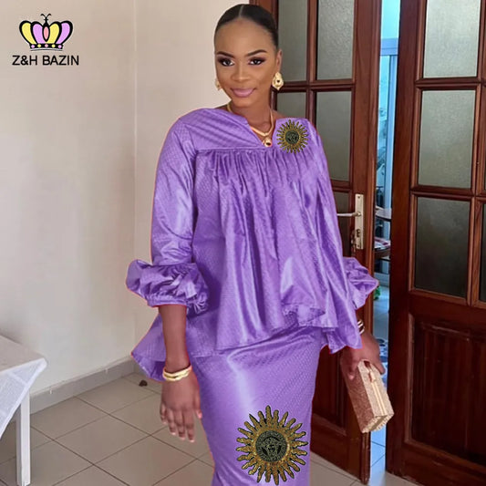 African Dashiki Dresses For Women Outfits Purple Bazin Riche Long Dress With Stones Embroidery Laces Nigerian Party Basin Cloth
