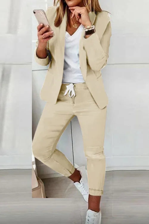 Women's Monochrome Casual Business Suit Temperament Commuting Pants Drawstring Elastic Waist Fashion Slit Suit Two-piece Set