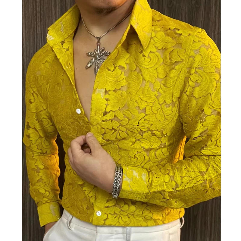 Men's Slim Fit Semi-Sheer Long Sleeve Nightclub Party Shirt