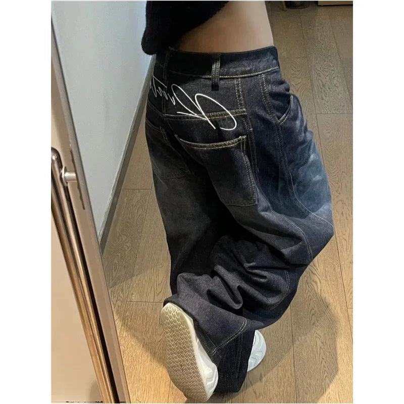 Women's Black High Waist Baggy Straight Wide Leg Jeans
