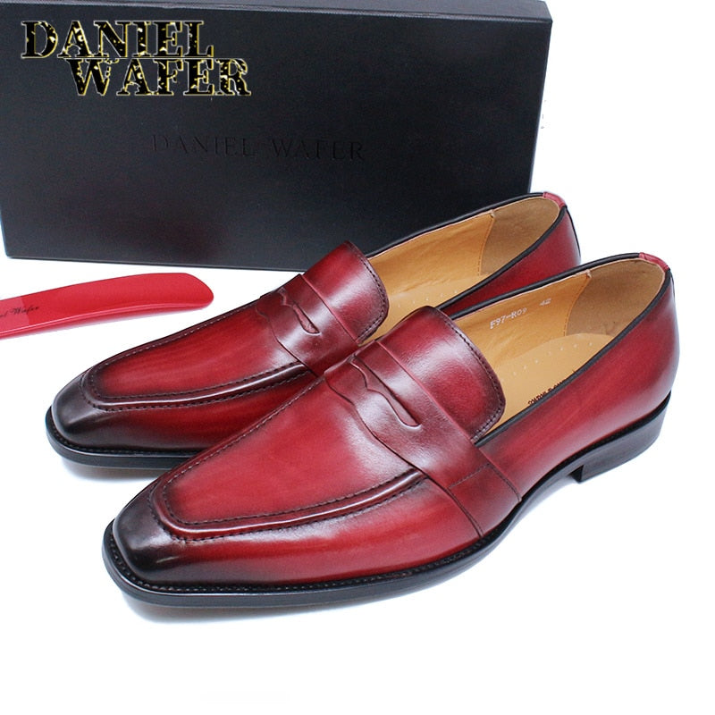 Men's Genuine Leather Penny Loafers 2026, Red & Black Slip-On Dress Shoes