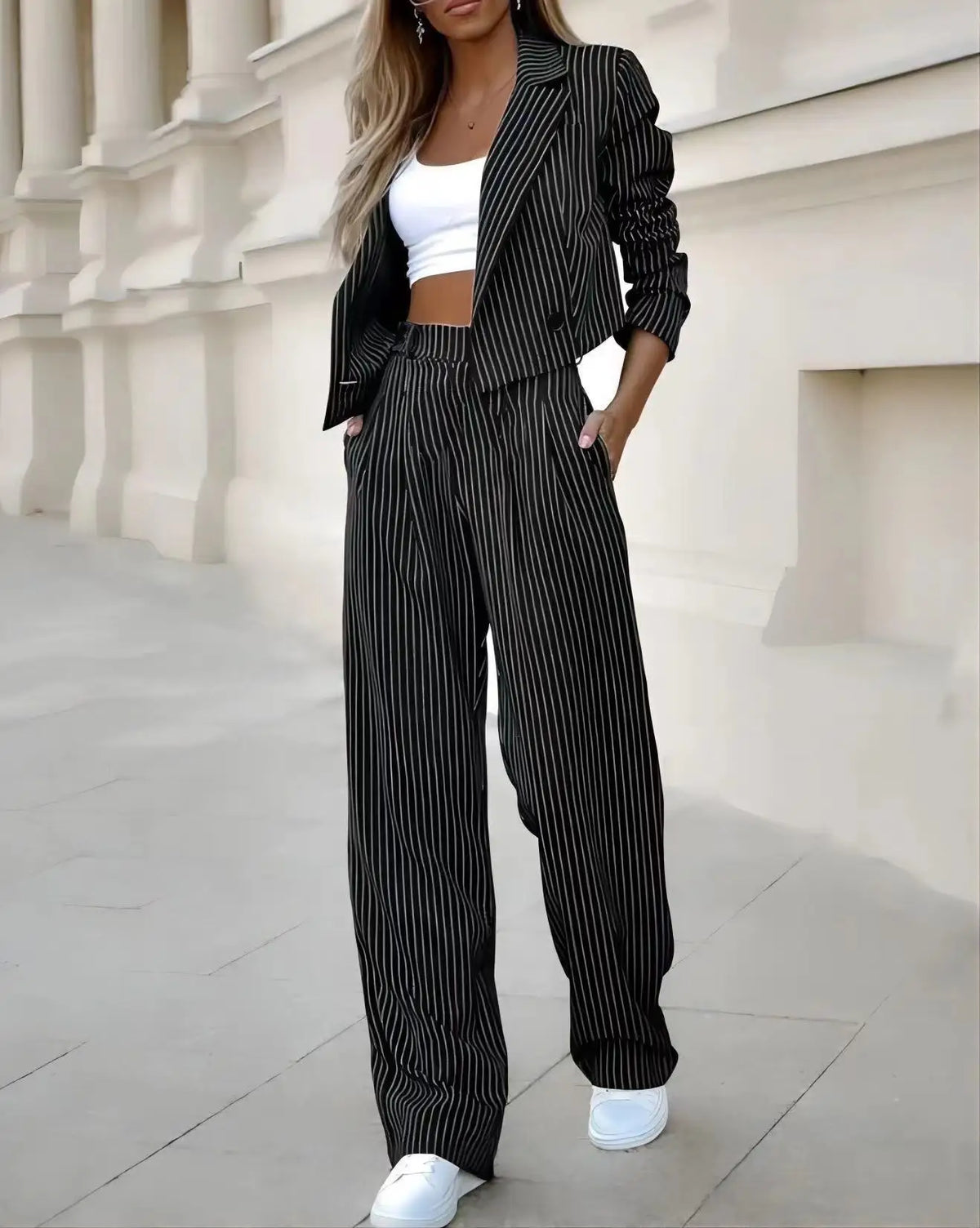 Women's Striped Two-Piece Cardigan and Wide-Leg Pants Set