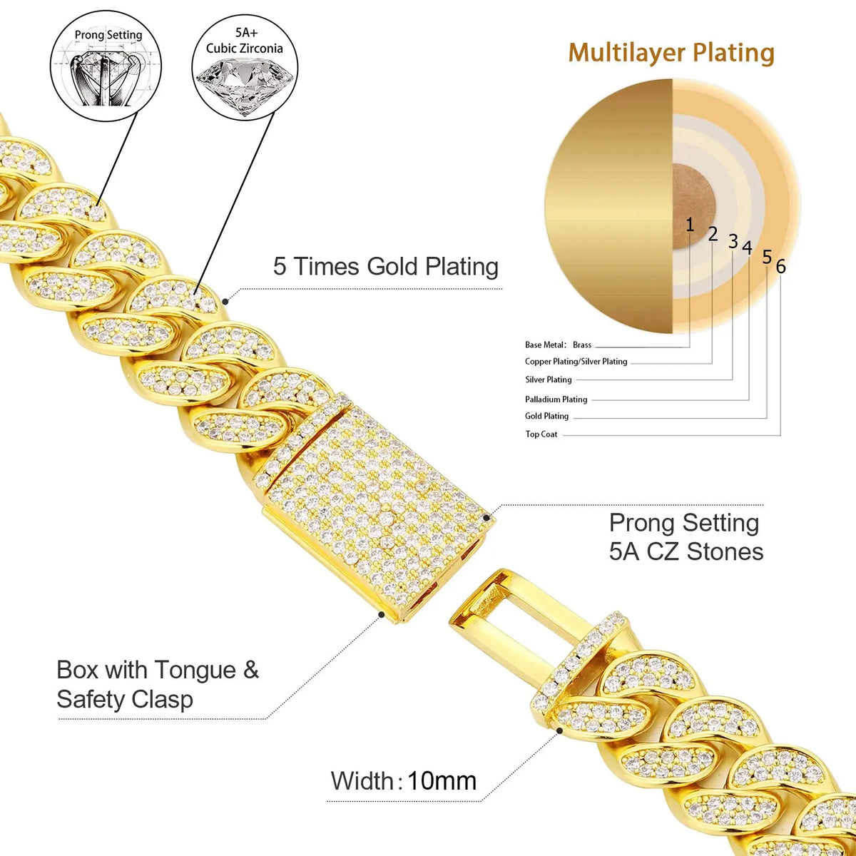 10mm CZ Stein Cuban Link Kette Silber Vergoldet Iced Out Miami Cuban Halskette für Herren und Damen