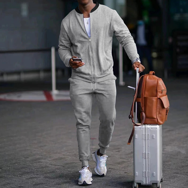 Men's Solid Stand-Collar Zip Jacket and Pants Set