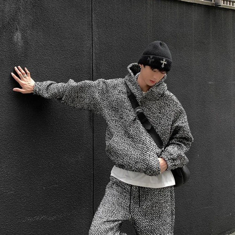 Men's Retro Wool Velvet Hooded Sweatshirt, High-Street Casual Suit Style