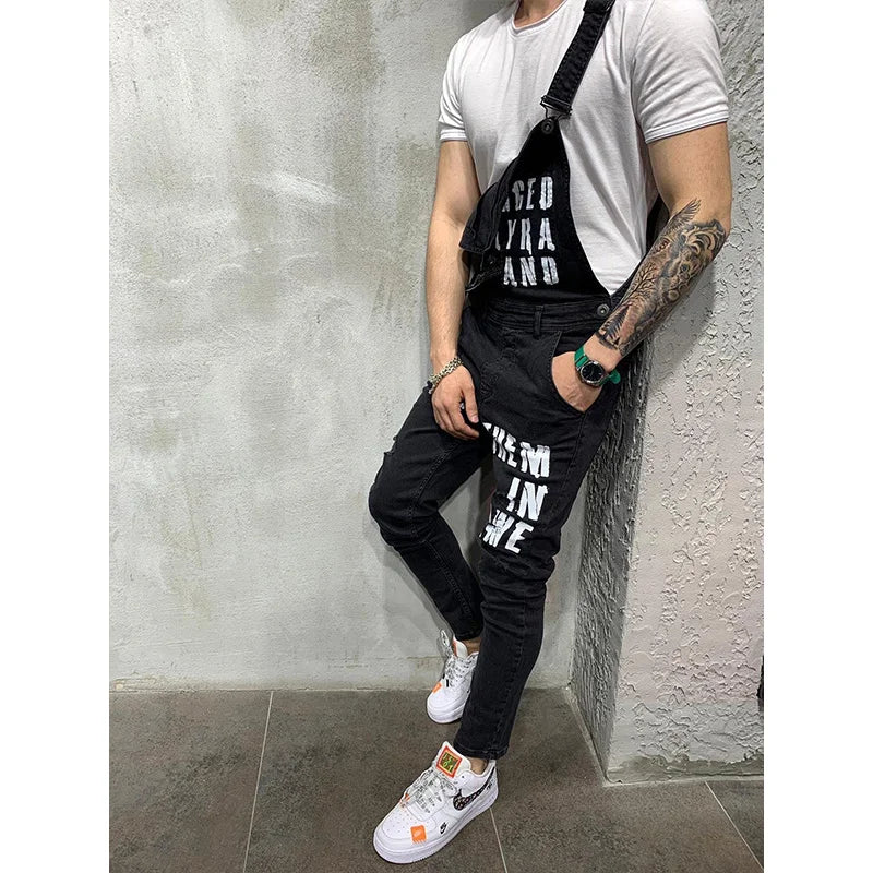 Men's Letter Print Ripped Denim Overalls Jumpsuit Streetwear