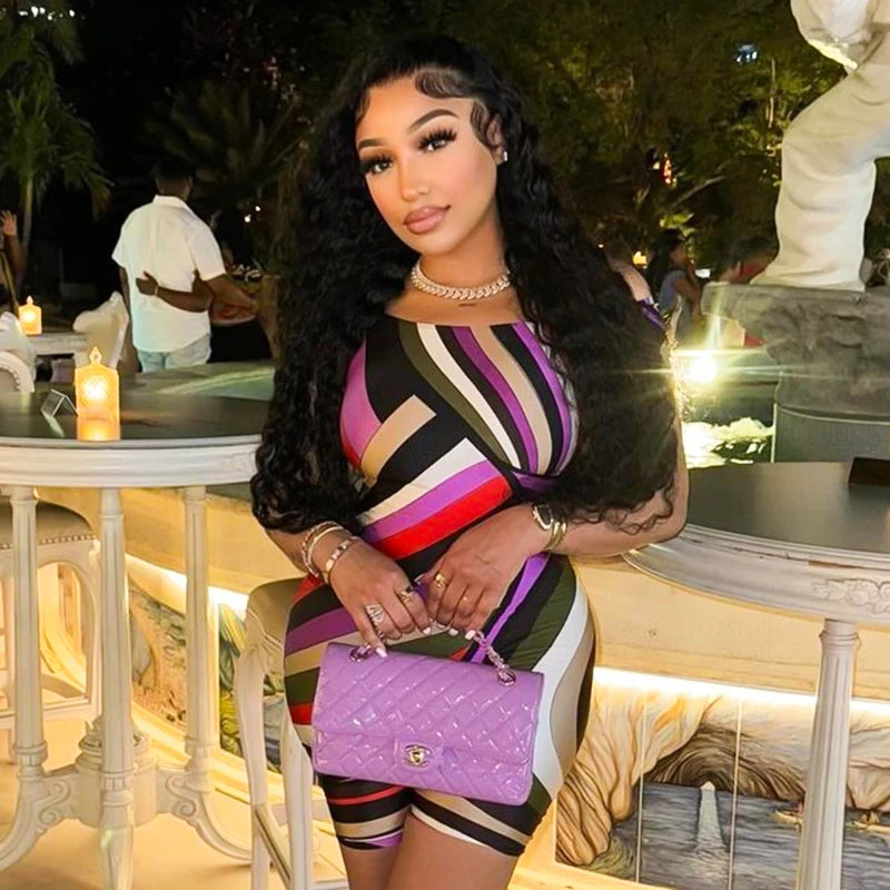 CUTENOVA Colorful Striped Print Playsuits Women Sexy Off Shoulder Short Sleeve Slim One Piece Overalls 2024 Summer Y2K Streetwea