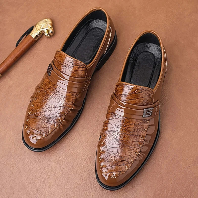 Men's Brown Crocodile Pattern Dress Shoes Patent Leather Slip-on Loafers Formal Business Wedding Oxfords for Men