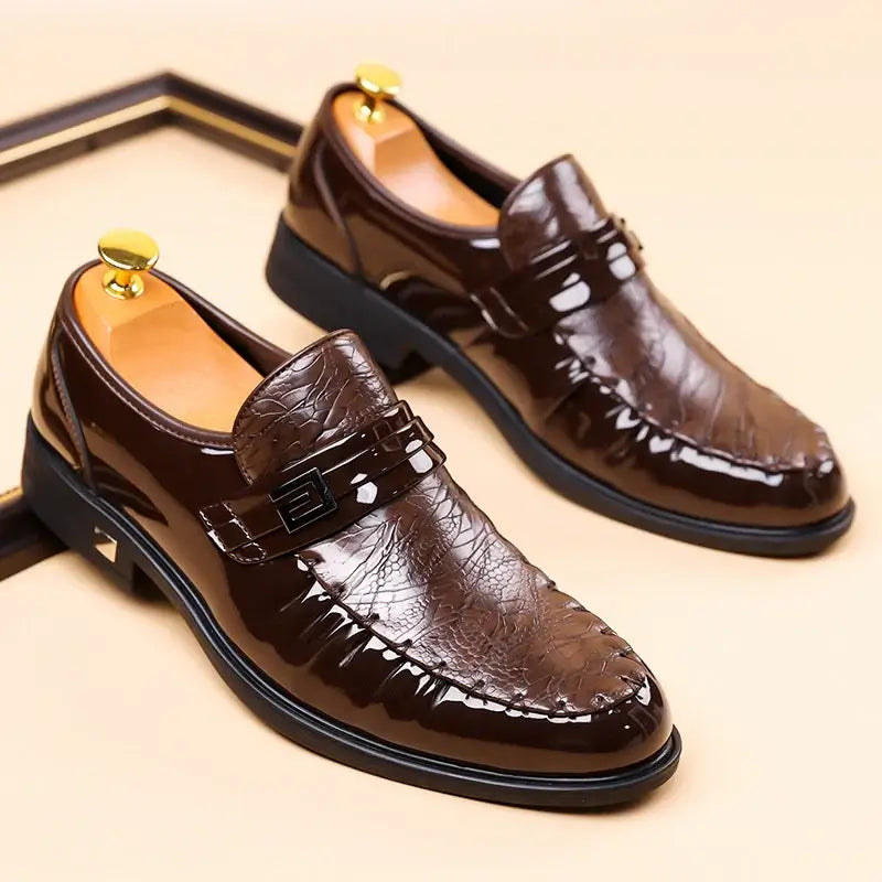 Men's Brown Crocodile Patent Leather Slip-On Loafer Oxfords
