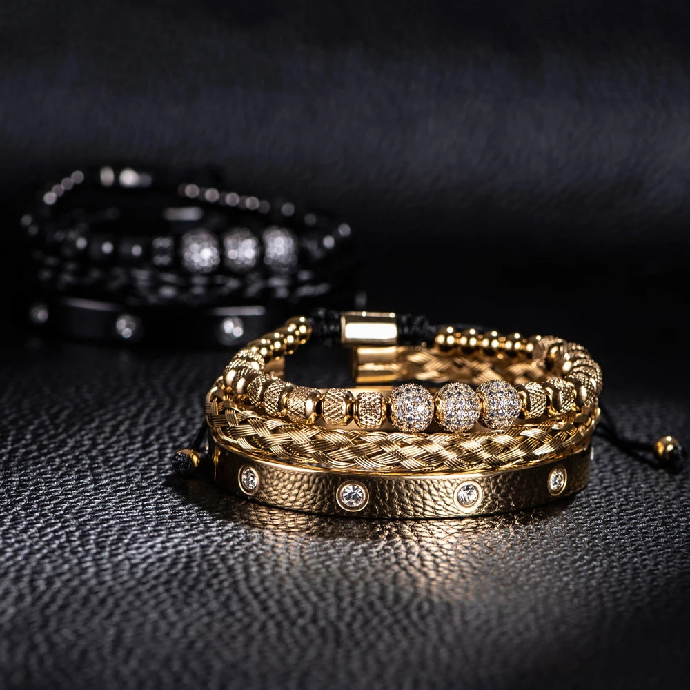 Men's 3-Piece Micro Pave CZ Stainless Steel Charm Bracelet Set