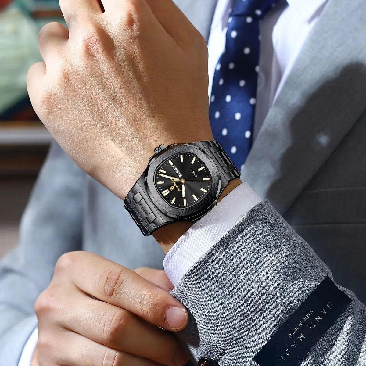 Men's Square Stainless Steel Date Week Quartz Wristwatch