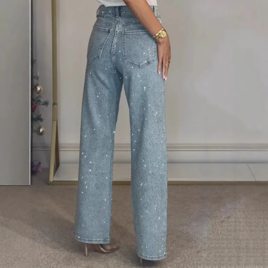 Women's High-Waist Rhinestone Straight Jeans — Distressed Vintage Wash