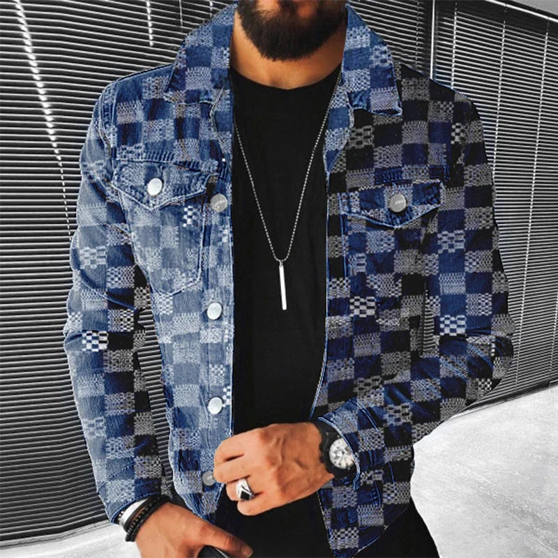Men's Hip Hop Plaid Denim Jacket Long Sleeve Streetwear Coat