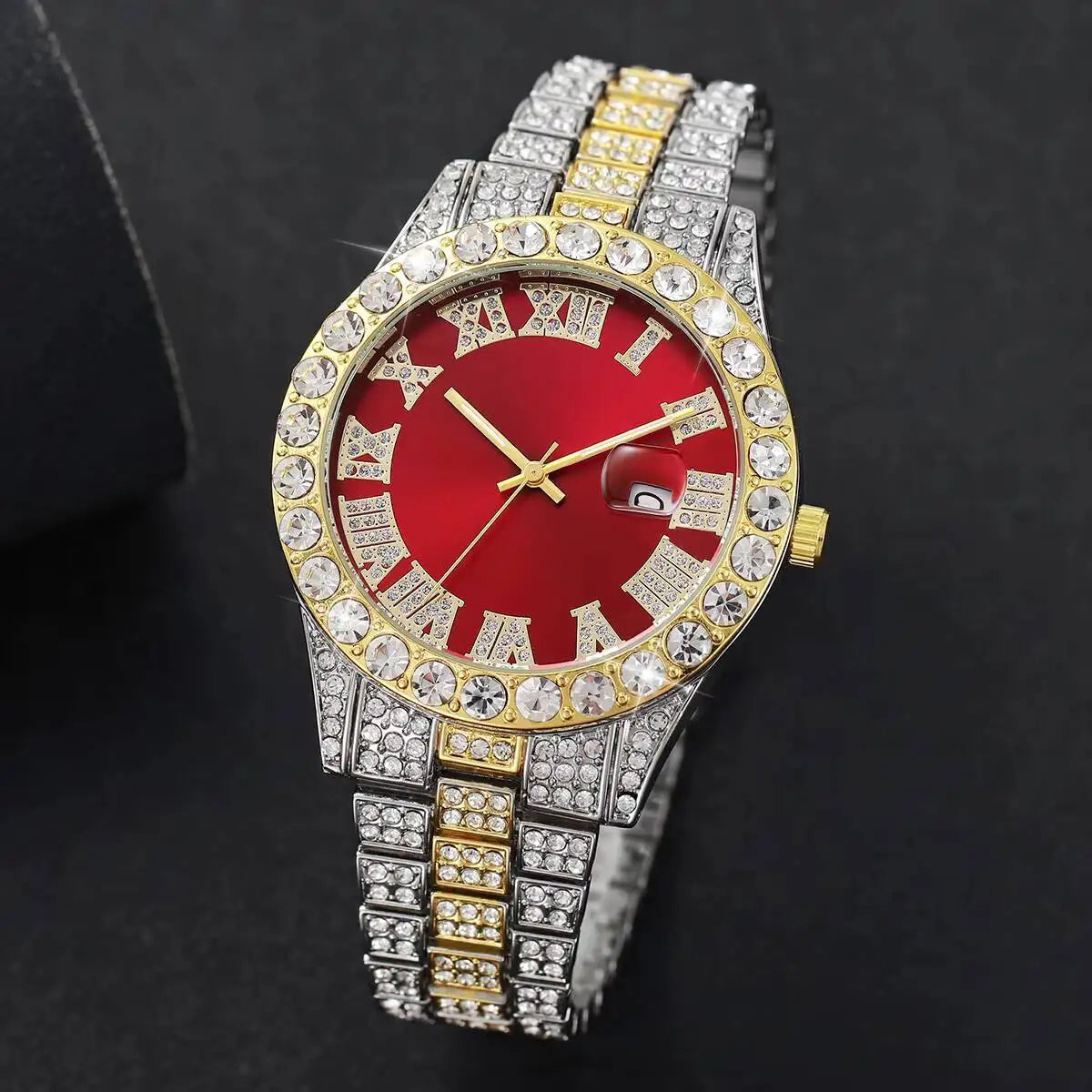 Men's Full Diamond Stainless Steel Quartz Calendar Wristwatch