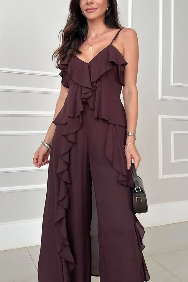 Women's Solid Color Chiffon V-neck Suspender Ruffle Edge Straight Leg Pants Two-piece Set for Summer