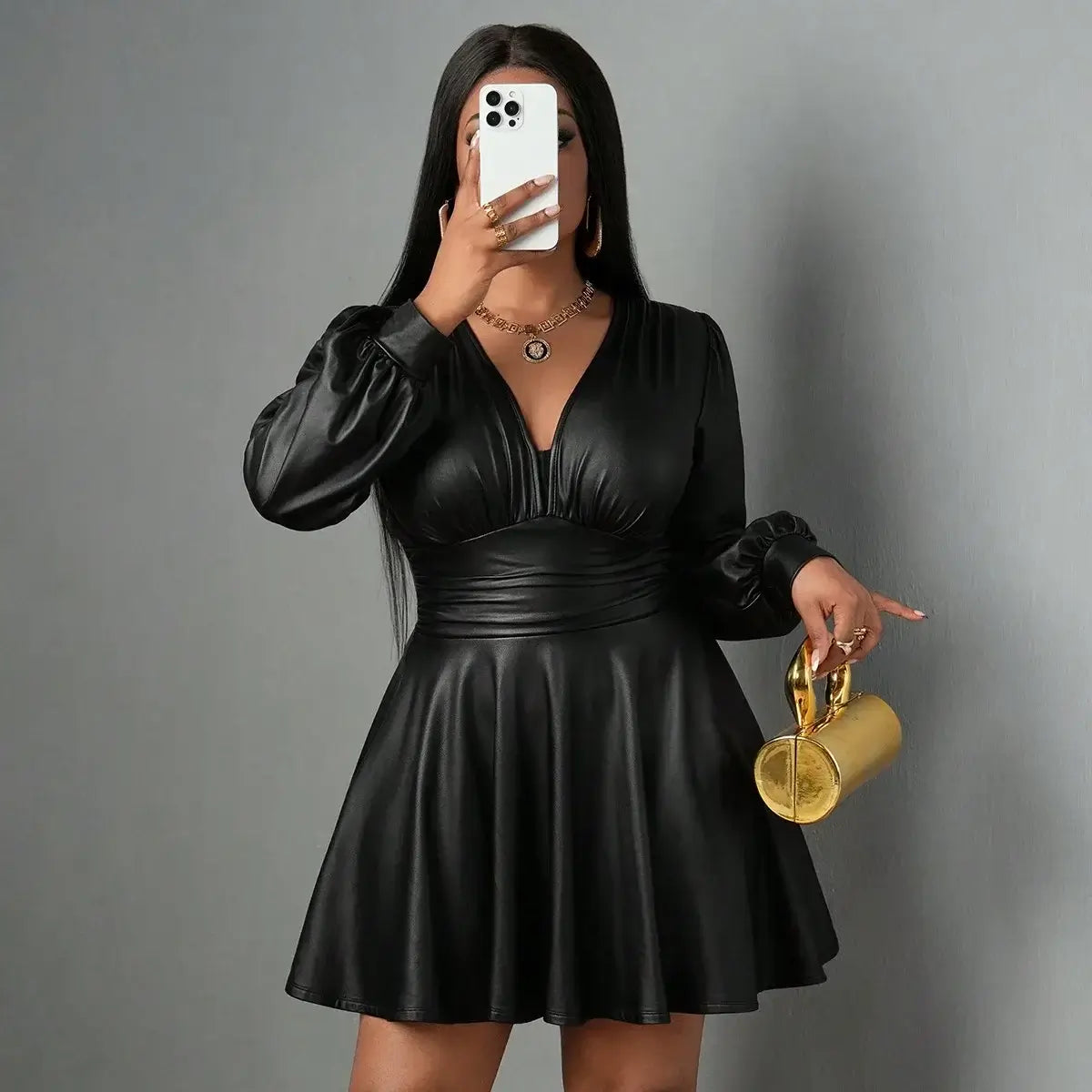 plus Size Leather Skirt for Women Deep V Neck Lantern Sleeve Waist Cinched A-Line Party Outfit Sexy Girl's Ensemble