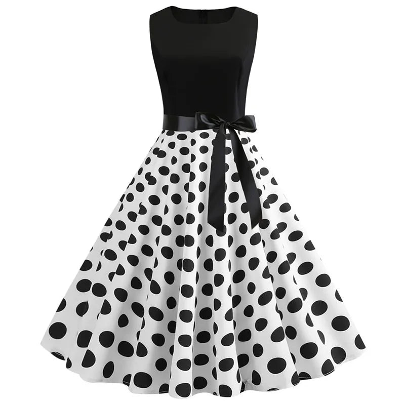 Black White Polka Dot Summer Dress Women Sleeveless Vintage 50s 60s Party Office Dresses