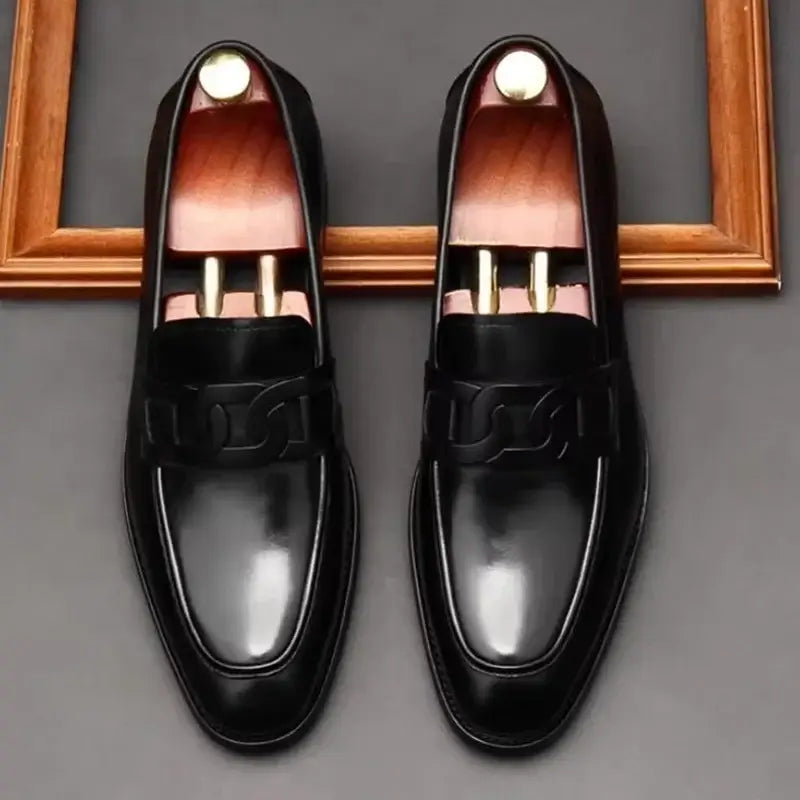 Men's Metal Buckle Genuine Leather Slip-On Wedding Dress Shoes