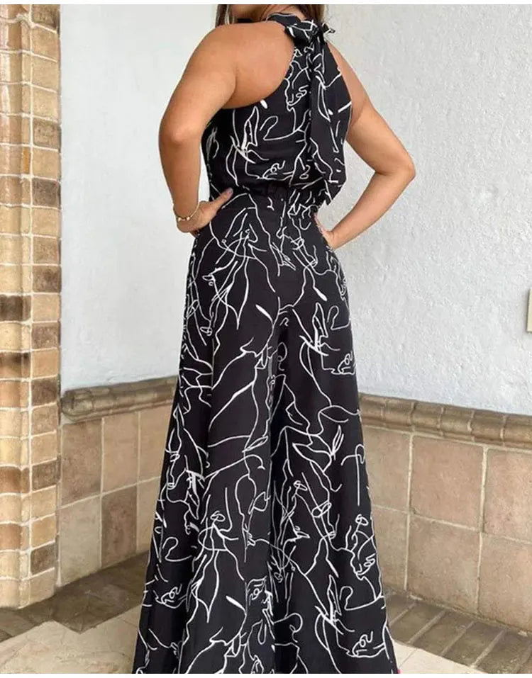 Women's Print Halter Wide-Leg Sleeveless Jumpsuit