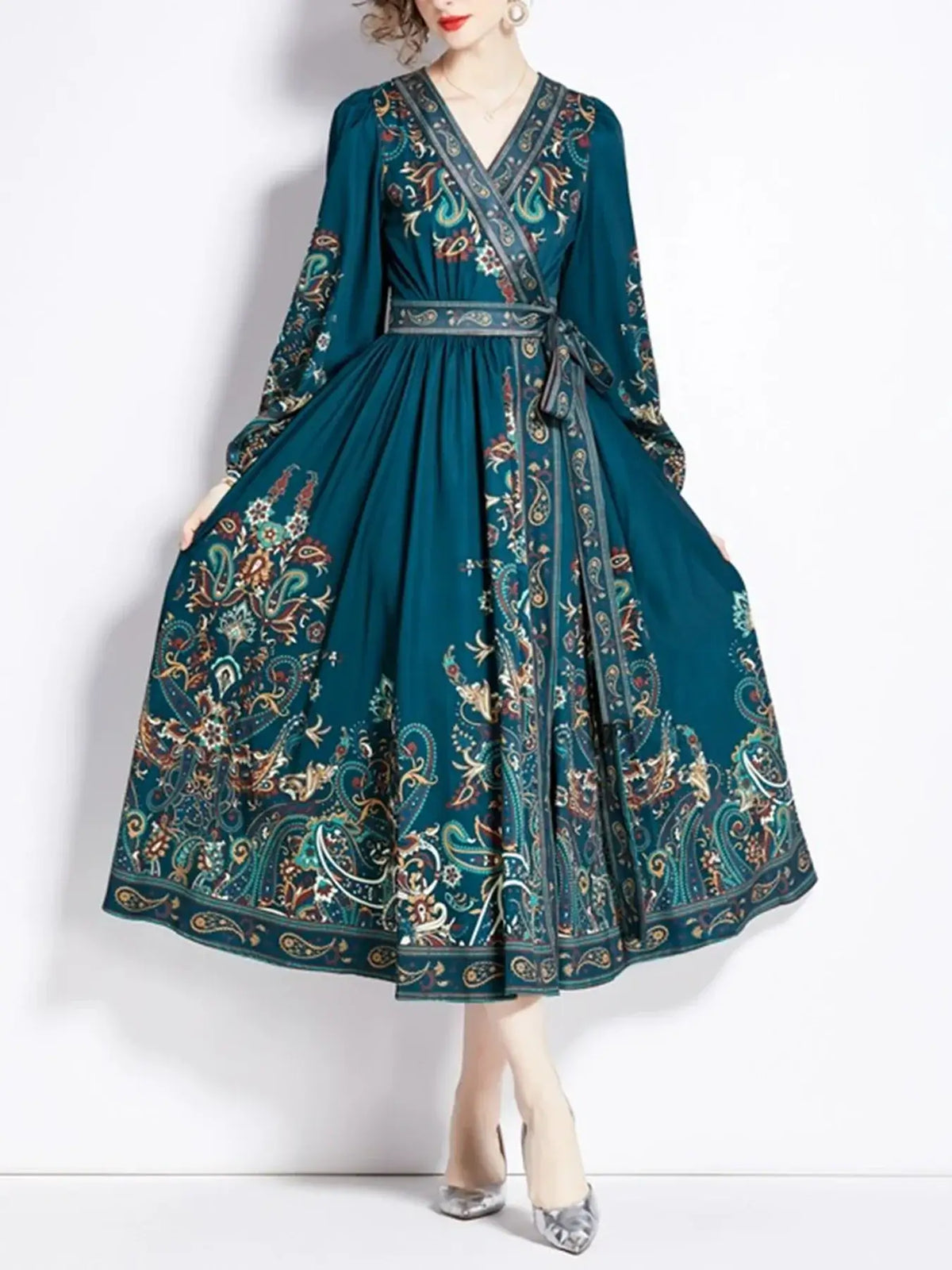 Women's Vintage Print V-Neck Belted Long-Sleeve Holiday Dress