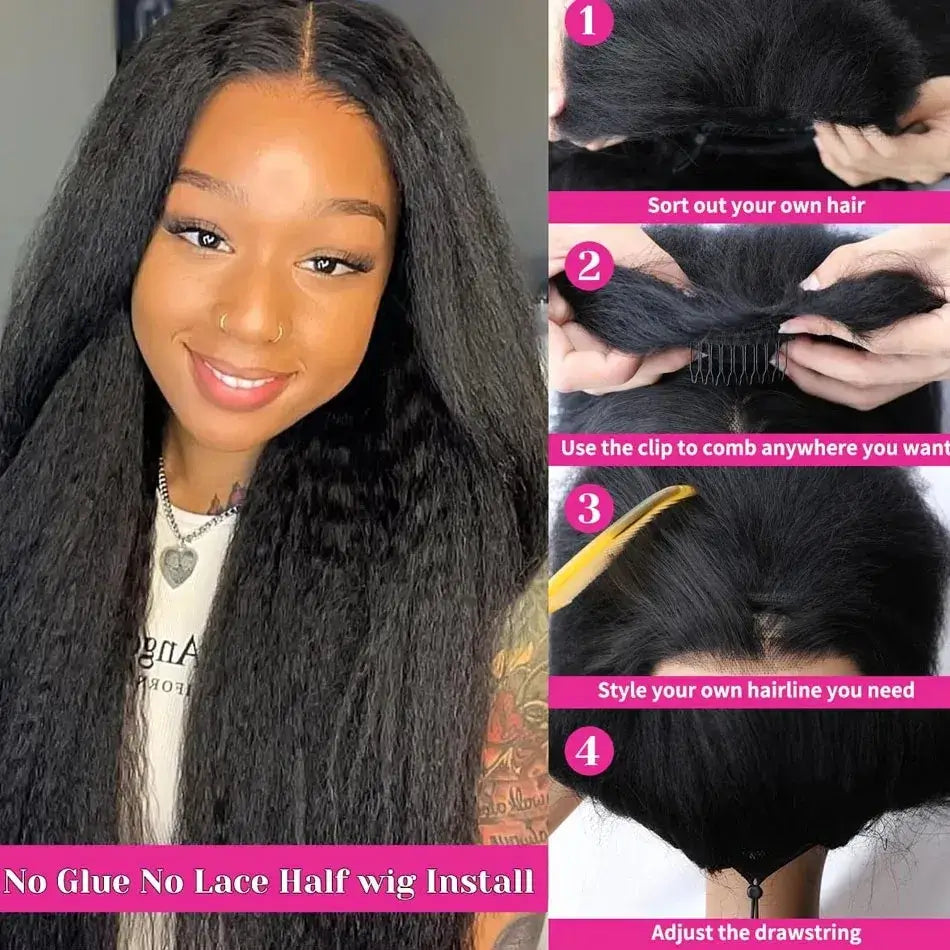 250 Density Kinky Straight Half Wigs Human Hair Flip Over Gluless 3 In 1 Half Wig With Drawstring 40 Inch Wear And Go For Women installation steps.