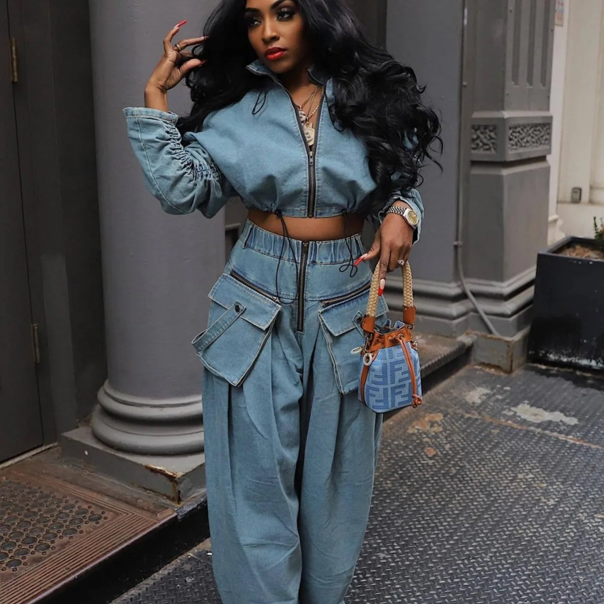 Women's Retro Casual Wide-Leg Heavy Denim Two-Piece Set