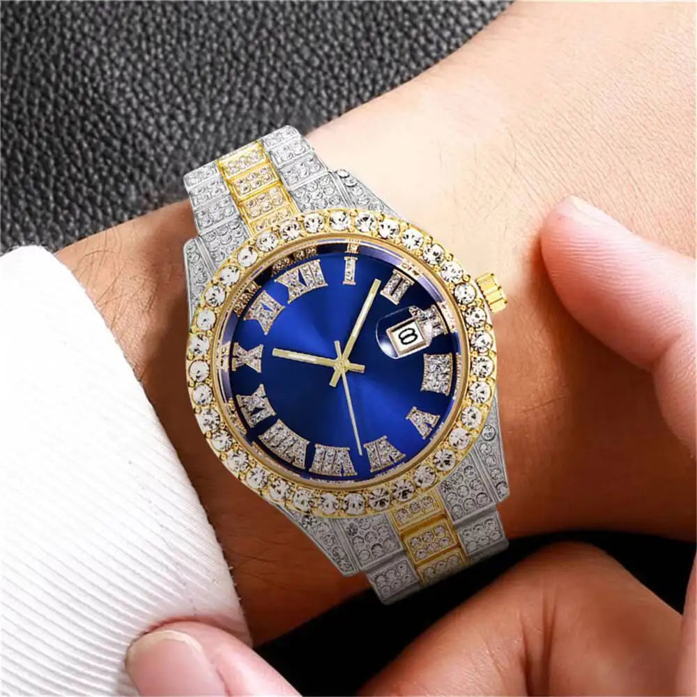 Men's Full Diamond Stainless Steel Quartz Calendar Wristwatch