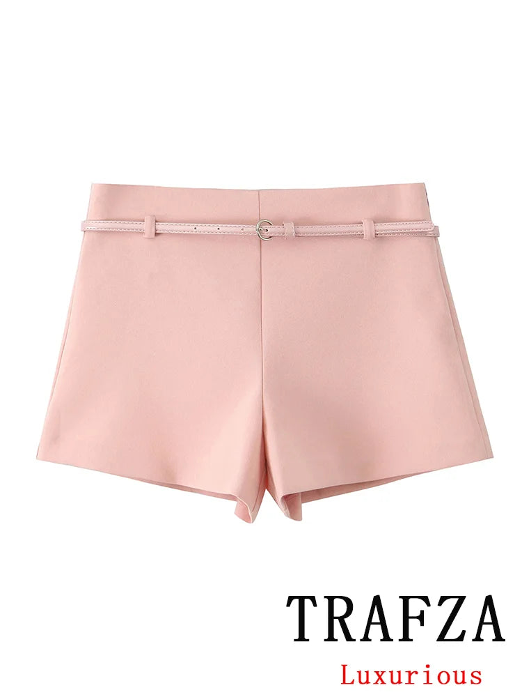TRAFZA Vintage Chic Solid Women Suit V Neck Sleeveless Sashes Vest Blazer Straight Shorts New Fashion Summer Office Sets