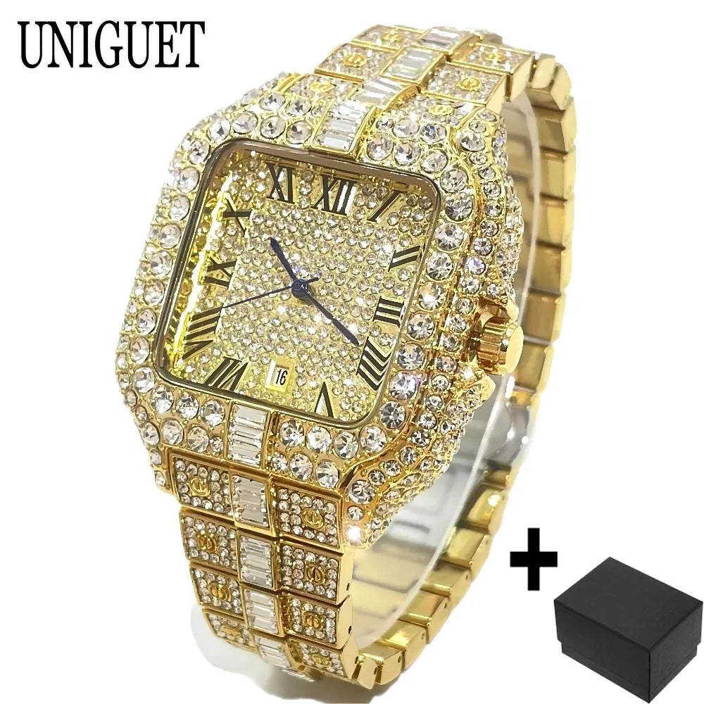Men's gold iced-out square diamond watch