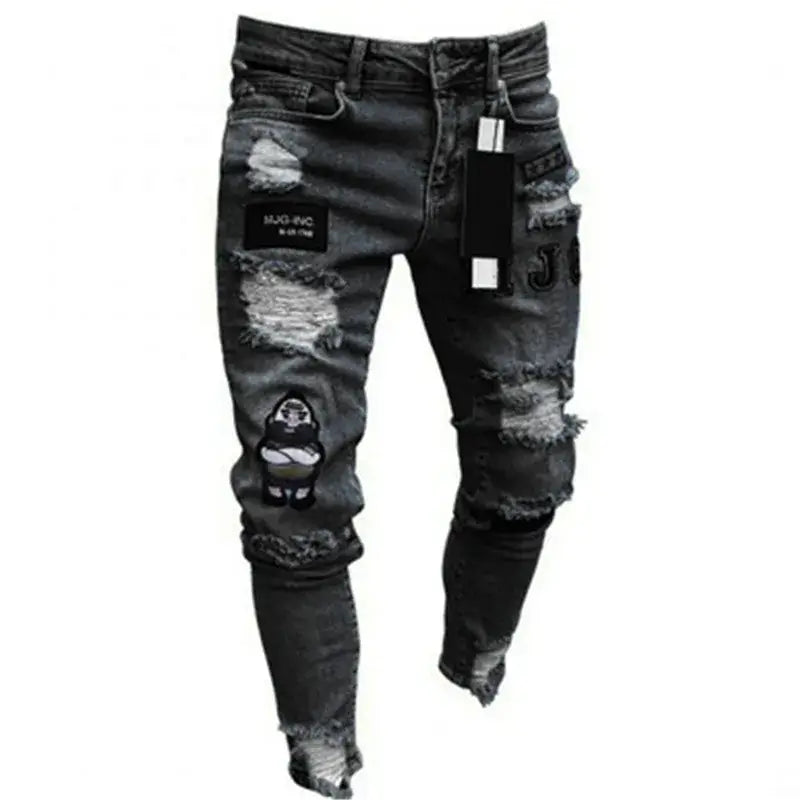 Men's White Embroidered Ripped Skinny Jeans — Stretch Denim