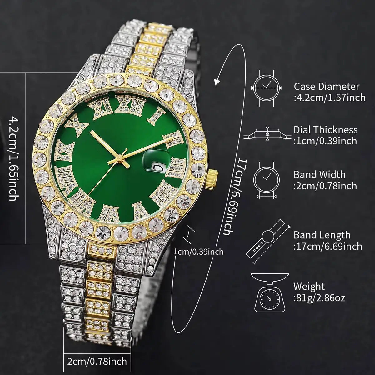 Men's Full Diamond Stainless Steel Quartz Calendar Wristwatch