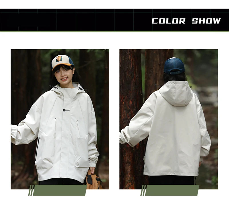 2024 New Men's Outdoor Hooded Windbreaker Jacket Autumn Waterproof Hiking Bomber Jackets Women Trekking Softshell Coats