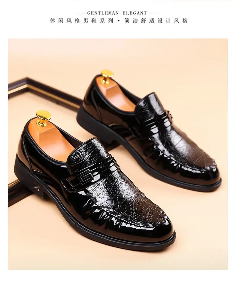 Men's Brown Crocodile Patent Leather Slip-On Loafer Oxfords