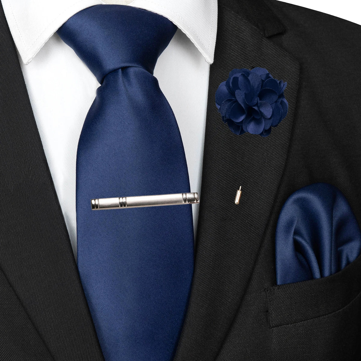 Men's Solid Color Tie Set with Lapel Pin and Pocket Square