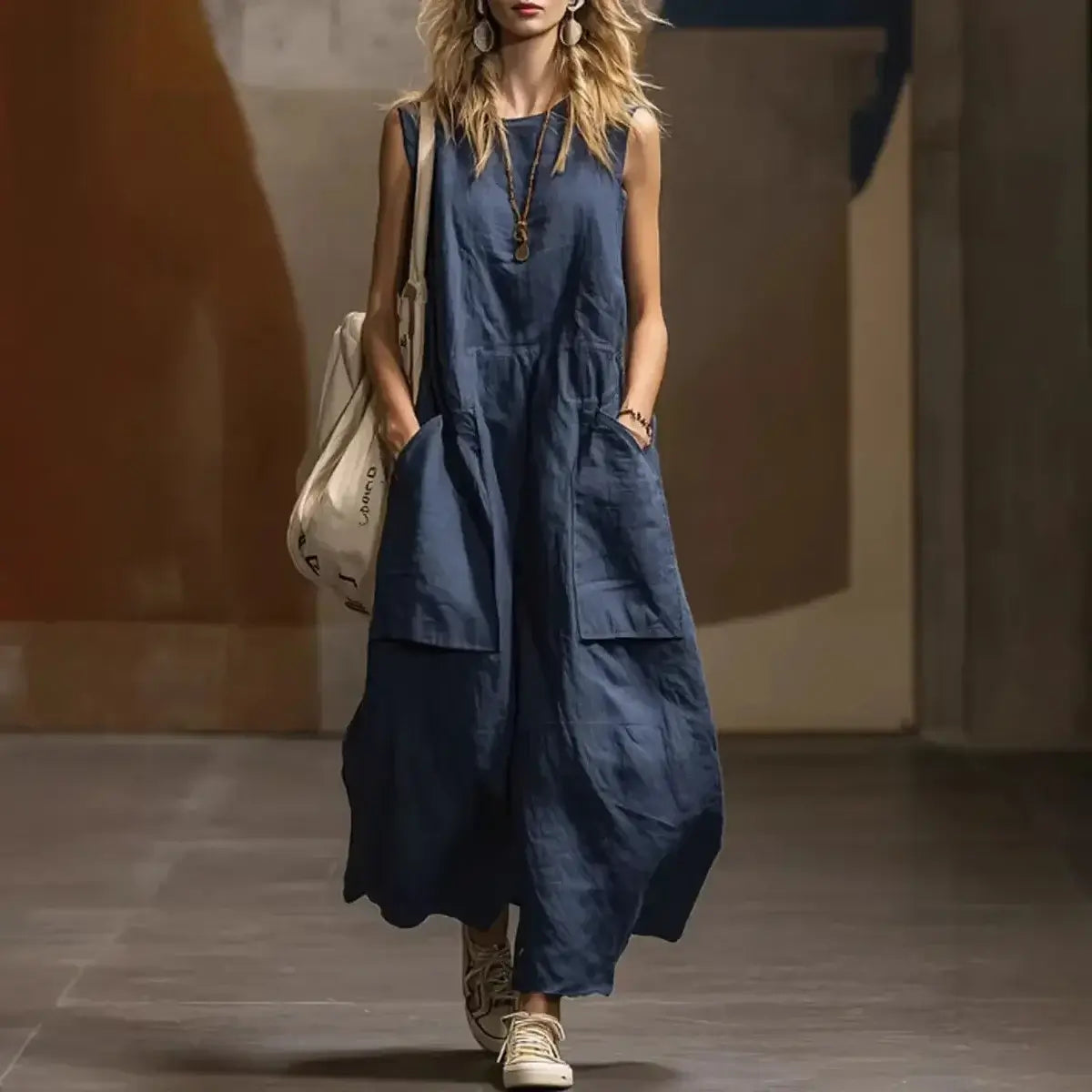 Women's Loose Sleeveless Cotton Linen Pocket Dress