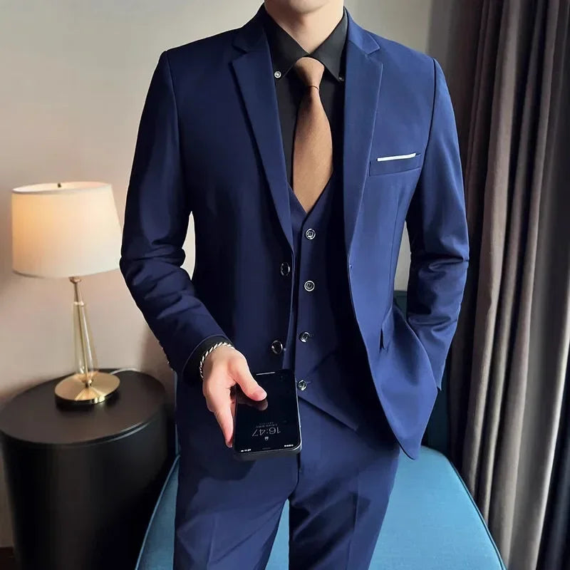 Men's British Solid Three-Piece Gentleman Suit, Business and Wedding