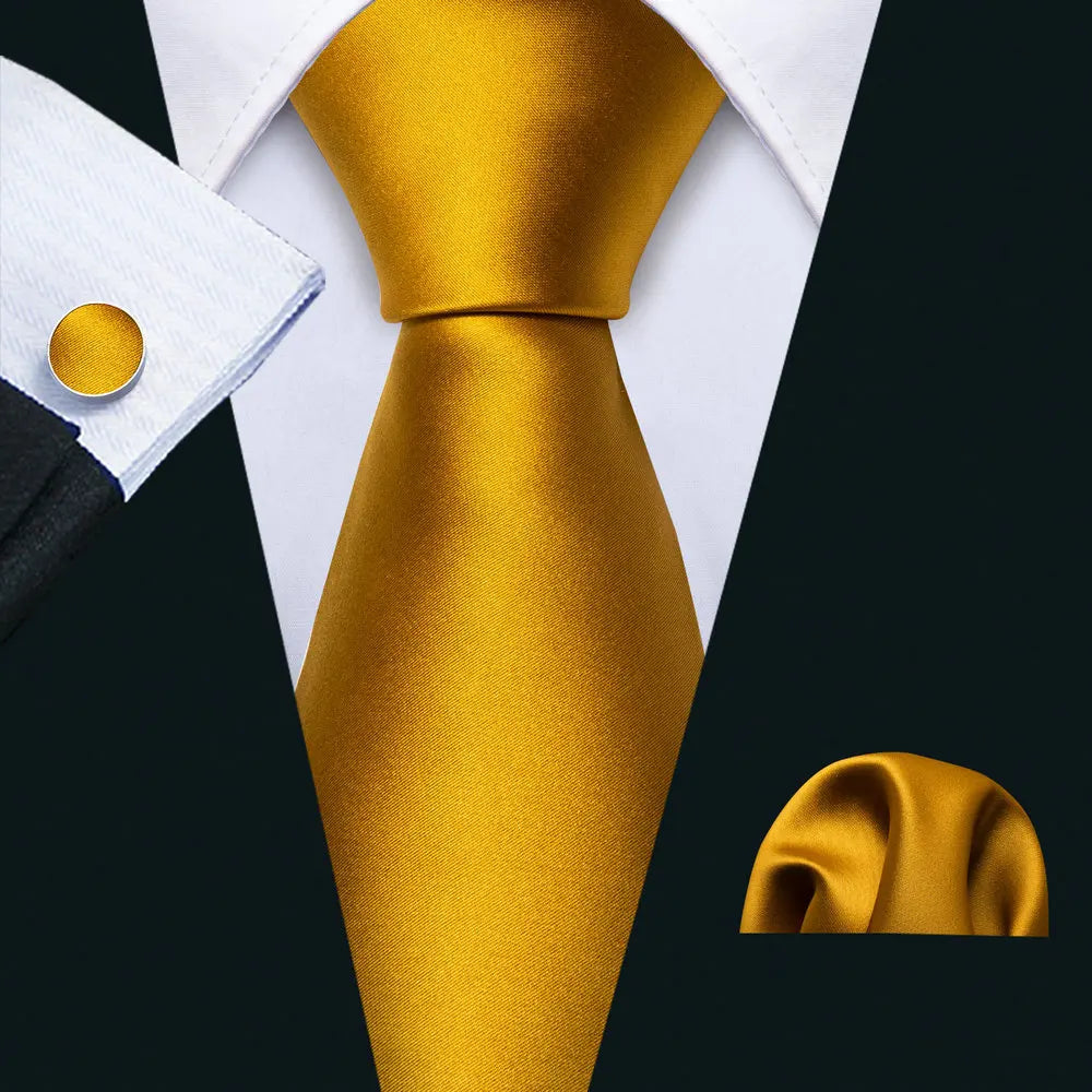 Men's Gold Silk Stripe Necktie Handkerchief Cufflinks Set