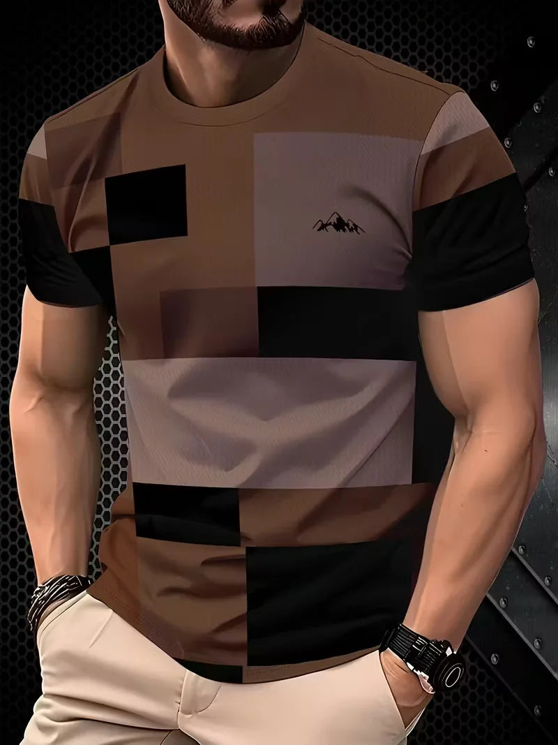 Men's Plaid Color-Block T-Shirt — Beige & Gray, Slim Fit
