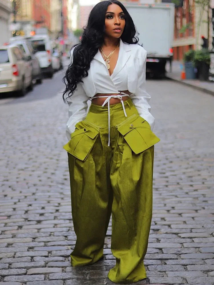 Women's Solid Multi-Pocket High-Waist Wide-Leg Trousers